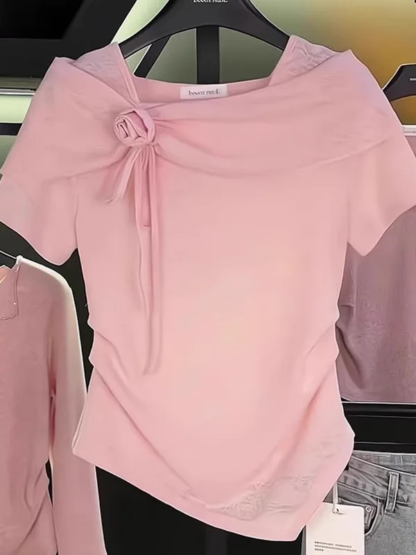 

plus Size Fashionable Embroidered Square Collar T-Shirt Women Summer New Casual Asymmetrical Slimming Top Korean Style Loose Fit