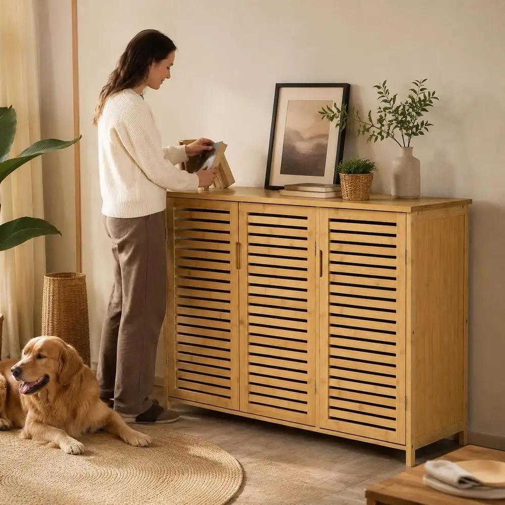 Meuble à chaussures en bambou naturel avec étagères, style naturel