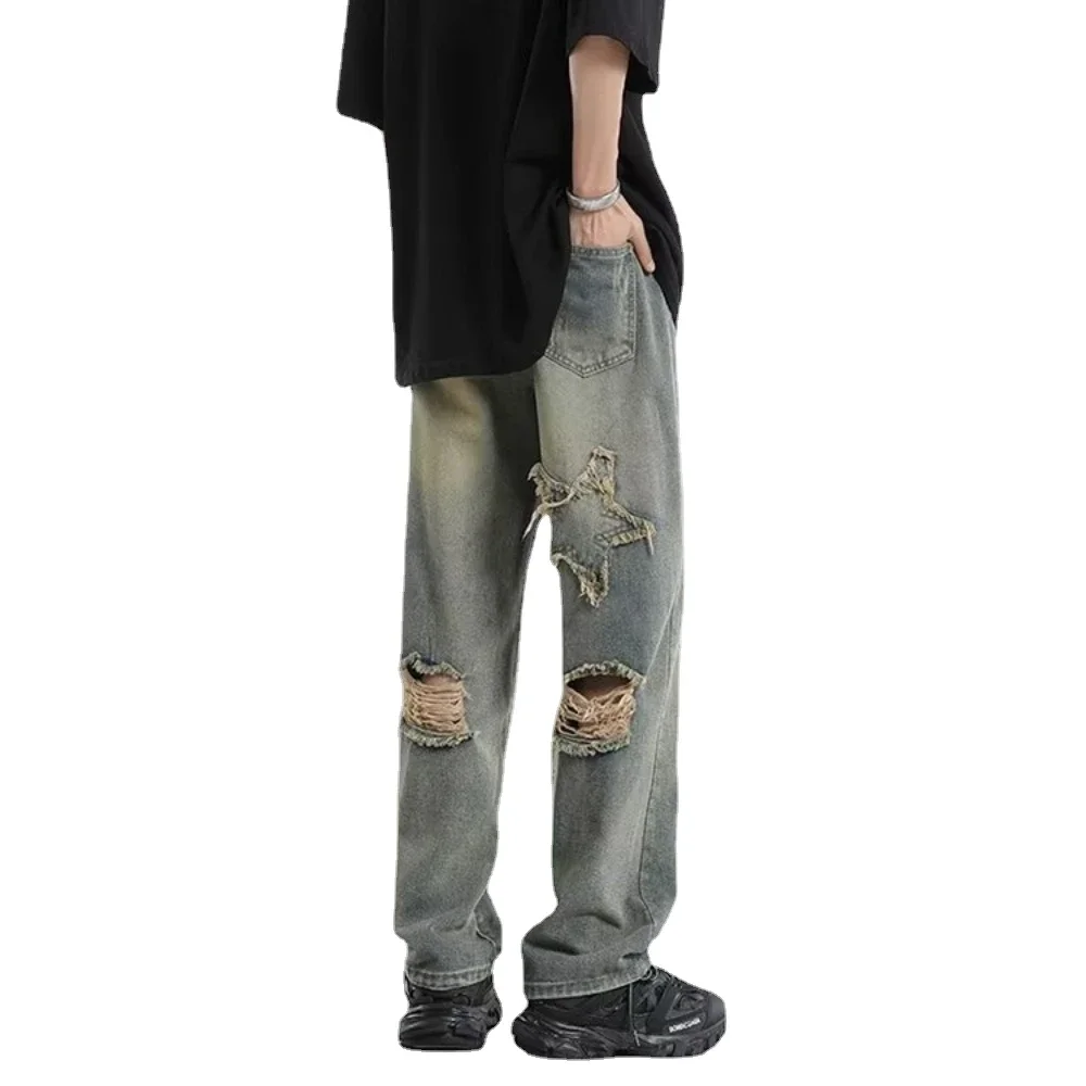2025 outono jeans buraco fino jeans para homem com estrela de cinco pontas jeans rasgados rua casual azul calças jeans y2k streetwear