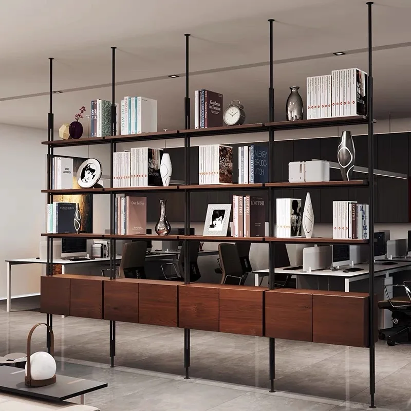 Bookshelf office solid wood partition shelf floor wrought iron wall bookcase living room partition