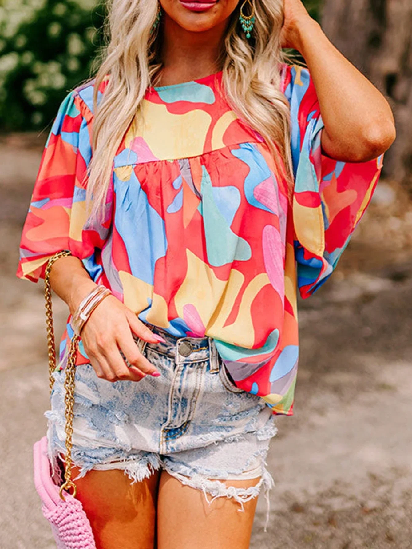 

Женская блузка с абстрактным принтом, свободного кроя, с круглым вырезом, для летнего отдыха