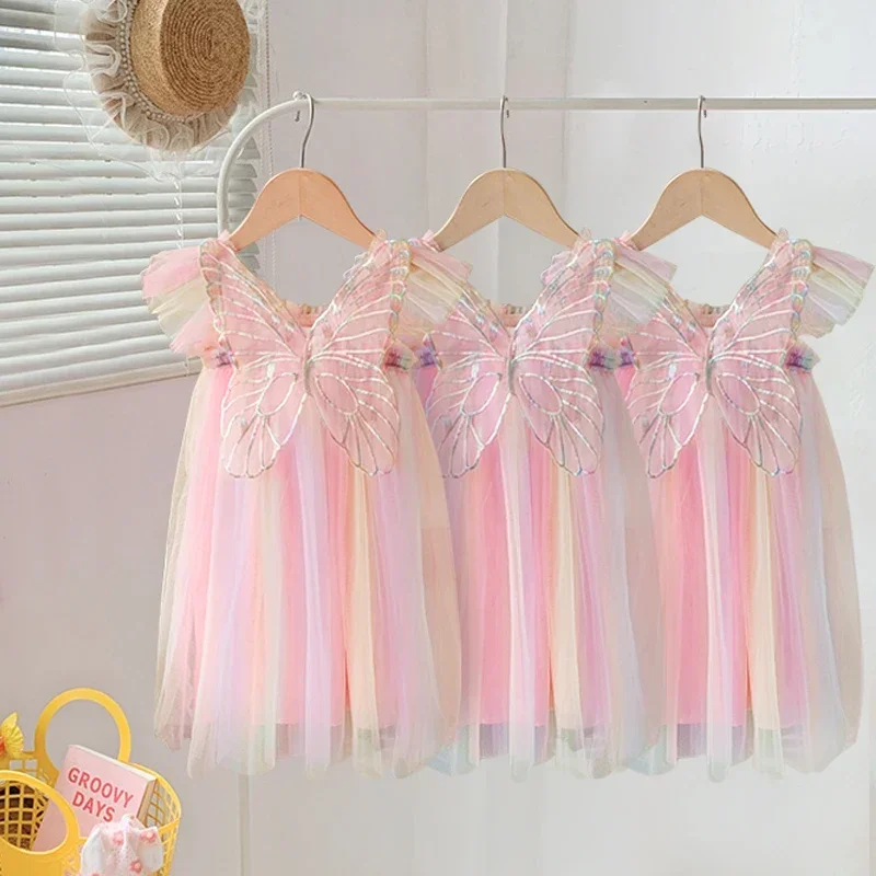 Baby Girls Gradient Rainbow Tulle Sling Dress Back Butterfly Mesh Vestido Vintage Children Wedding Birthday Party Princess Dress