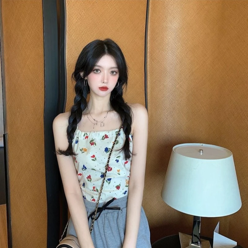 Woman Summer Thin Strap Backless Top Detachable Flower Shawl Sexy Open Back Camisole Going Out Casual Basic