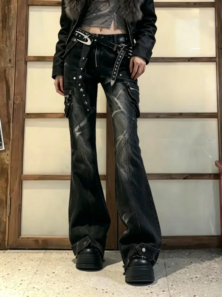 Y2K Aesthetic Gothic Punk Denim Flare Pants Women High Waisted Bootcut Jeans 2000s Retro Japanese Harajuku Street Hip-hop New