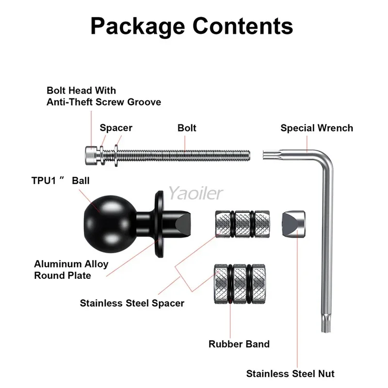 Aluminum Motorcycle Fork Stem Mount Base 1'' TPU Ball for Stem Tube 12mm to 25.4mm in Diameter for 1'' Ball Double Socket Arm