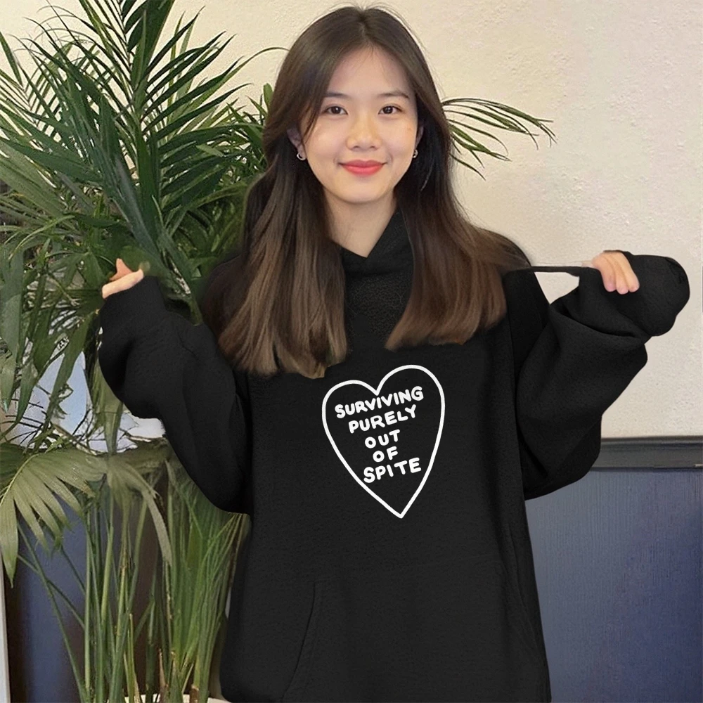 

Spite Survival Hoodie Black Hoodie Heart Text Print Casual Loose Long Sleeved Autumn Winter Edgy Message Comfortable Top