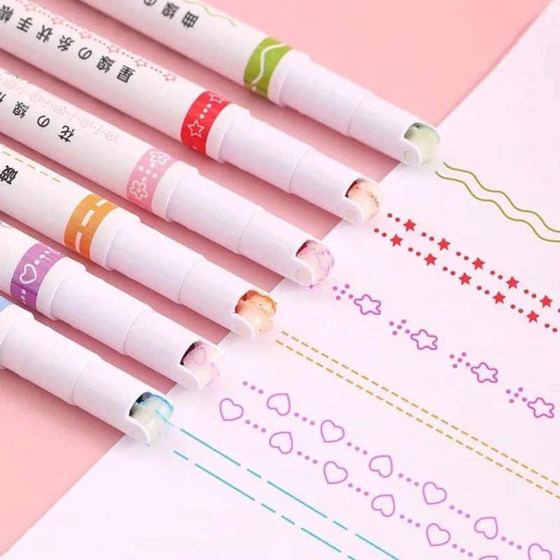 6Pcs/Set Flower Line Highlighter Pens Roller Nip Curve Marker Pen Cute Stationery Items Kawaii Graffiti Noting School Acsesories