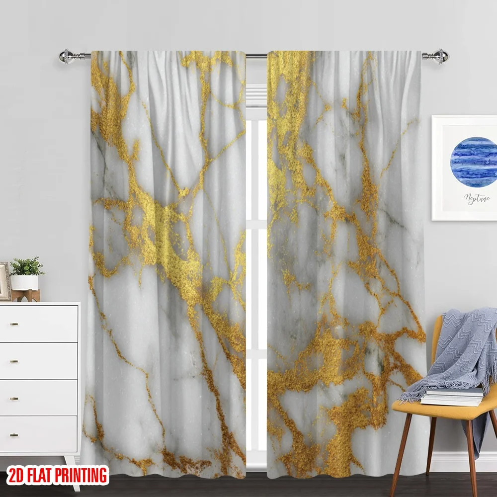 2 قطعة ستارة حفلات مطبوعة مسطحة ثنائية الأبعاد من الرخام الأبيض وأوردة ذهبية وستائر بوليستر مطبوعة رقمية للحفلات العائلية مثالية للفصول الدراسية