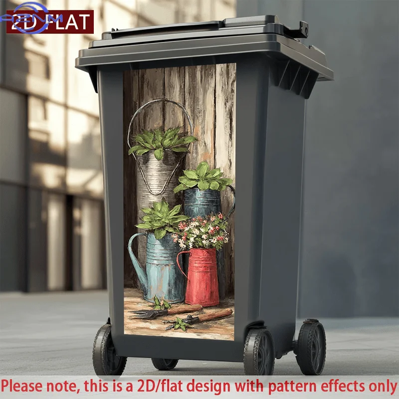 A Vintage-Style 2D Flat Sticker Featuring Watering Cans And Flowers, Designed for Use As a Trash Can Sticker. This Self-Adhesi
