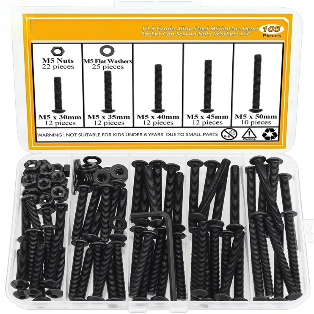 

105pcs Box Black Carbon Steel Round Head Hexagon Socket Bolts M5 Nuts and Washers M5+ Wrenches 10.9 Grade Metal Bolts Fasteners