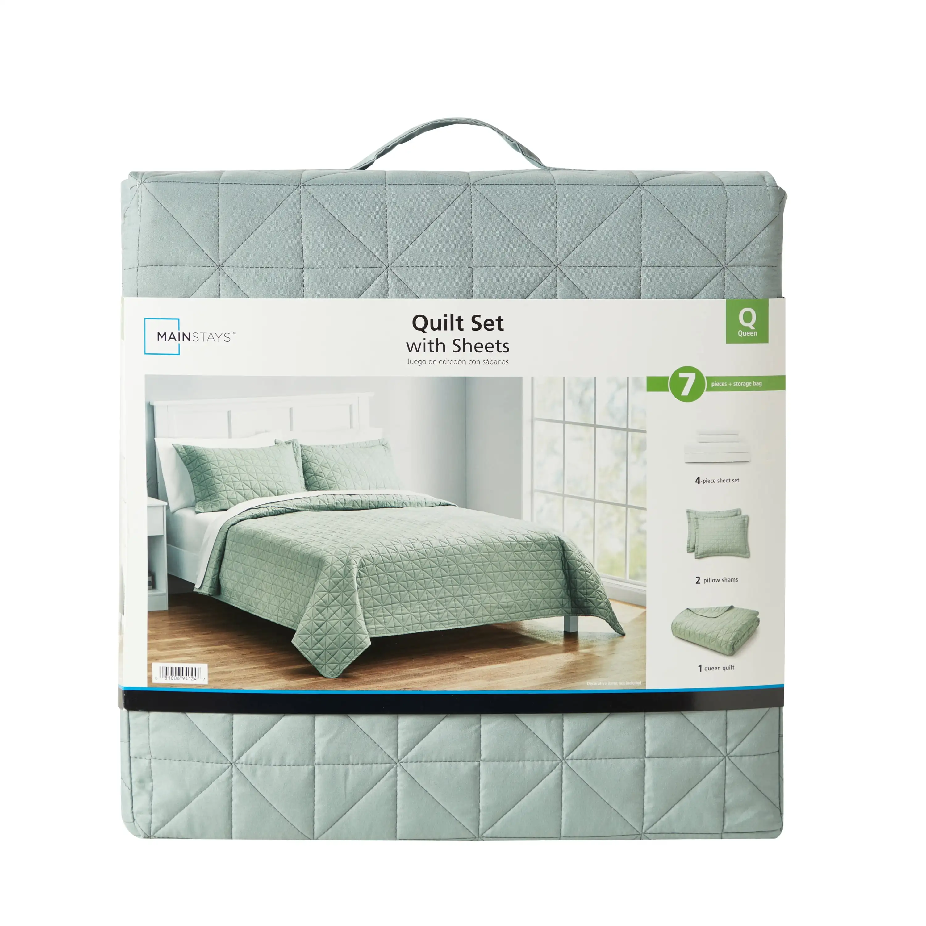 Colcha verde sábio conjunto com folhas, rainha, 7 pcs