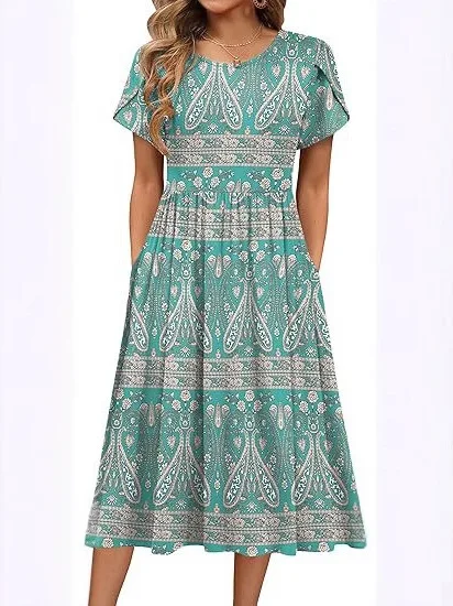 캐주얼 또는 중간 길이 프린트 드 플로럴 프린트 A라인 스커트 신축성 있는 허리 폴리에스터 섬유 기본 슬리브 싱글 피스