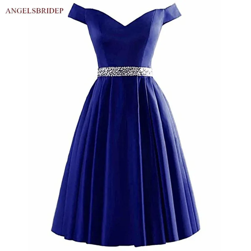 

Off-Shoulder Short Homecoming Dresses Satin Empire Waist Robes De Soiree Celebrity Formal Party Gowns