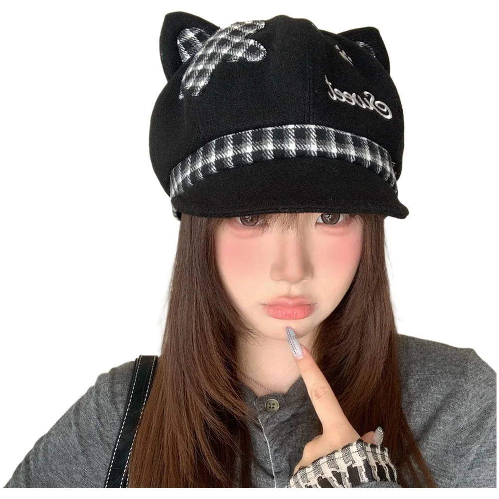Women\'s Wool Blend Plaid Hat in Octagonal Shape with Cat Ear Detail Foldable Lightweight Warm Winter Accessory Wide Brim Design