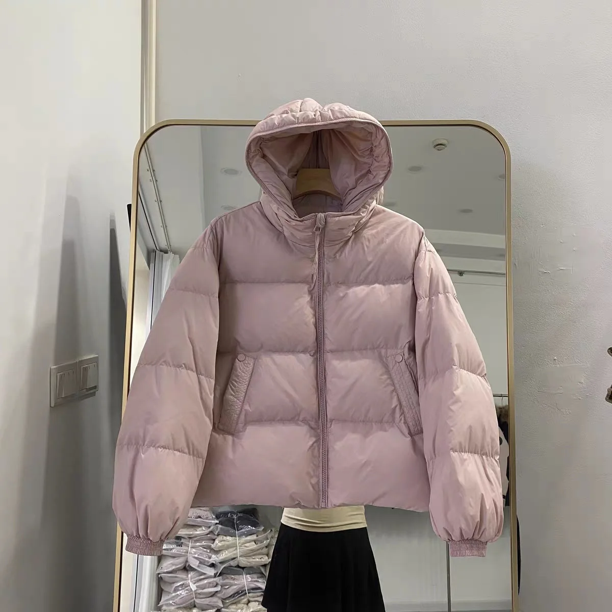 겨울 흰색 오리 다운 Drawstring Parker Outwears 여성 솔리드 후드 짧은 다운 재킷 여성 따뜻한 지퍼 퀼트 코튼 자켓