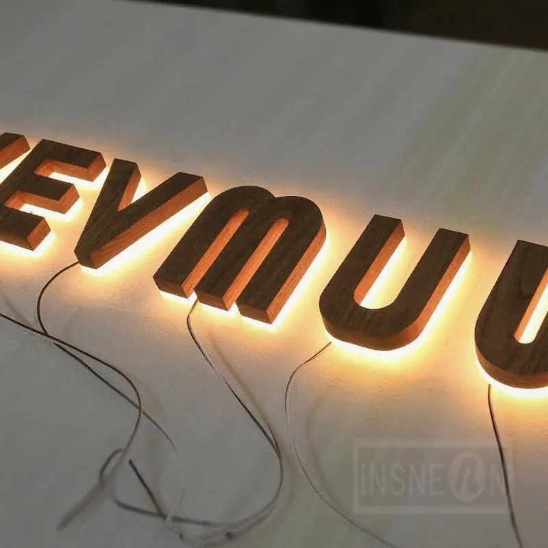 Custom Wood Grain Backlit Letter Metal 3D Luminous Letter Signs for Business Outdoor Shop Wall Decoration Signage