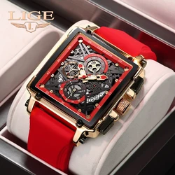 LIGE Fashion Mens Watch Red Military Silicone Strap Sport Quartz Watches Men Chronograph Calendar Waterproof Luminous Man Watch