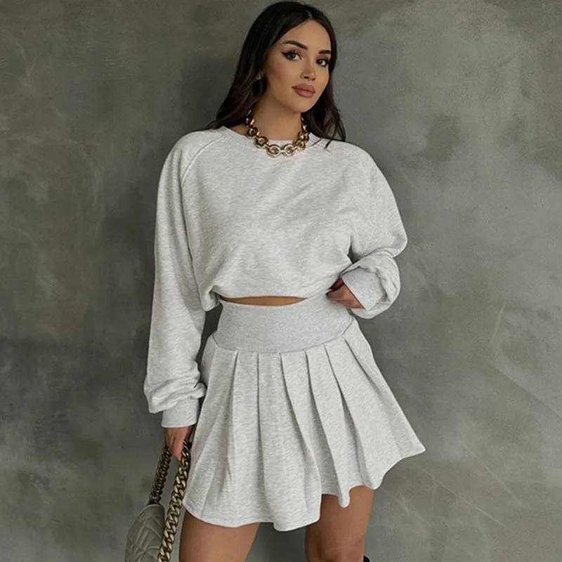 

Apprabant Fashion Street Style Casual Simple Pleated Skirts Set Round Neck Long Sleeved Sweatshirt High Waist Solid Skirt Suit