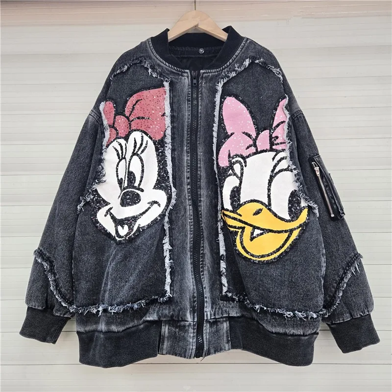 แจ็คเก็ตยีนส์ผู้หญิงทรงโอเวอร์ไซส์ลายการ์ตูนสีสันสดใส - แจ็คเก็ตสตรีทแวร์สไตล์ฮิปฮอปประดับเลื่อมงานฝีมือหนัก ปี 2025 พร้อมแผ่นเสริมทรงแบบถอดได้