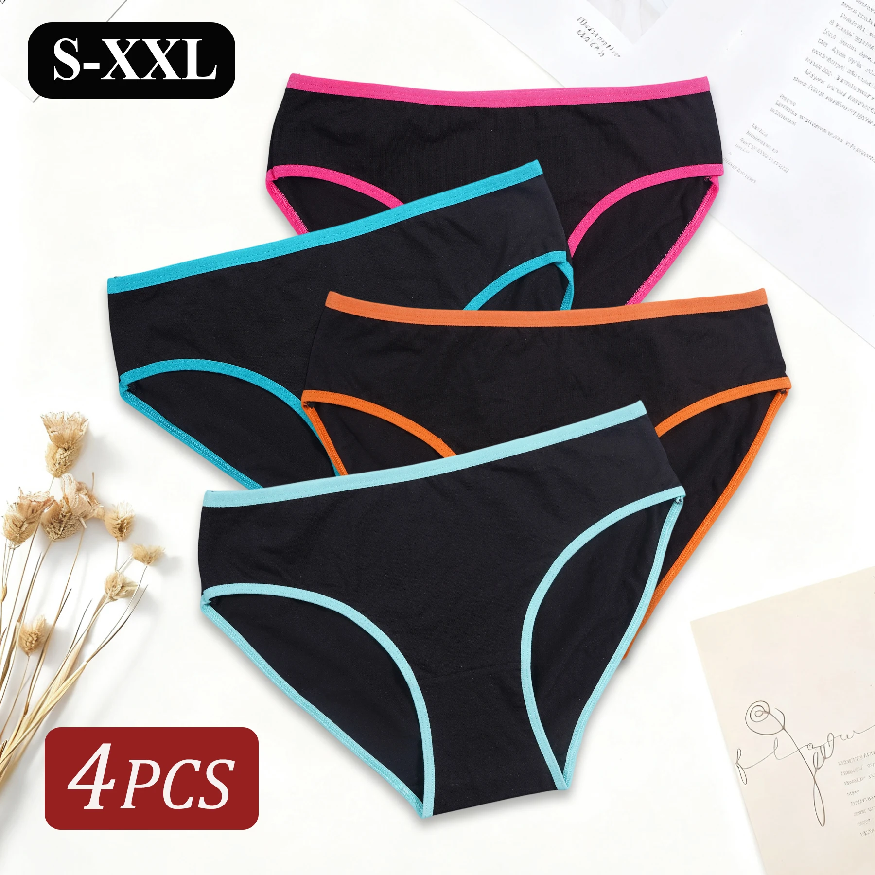 4PCS Women's Underwear Simple Sports Style Mid-Rise Panties Soft Cotton Breathable Briefs Girls Daily Wear Lingerie S-XXL