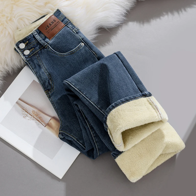 

Y2k Pants Jeans For Woman 2025 Autumn Winter Blue Gray Thick Fleece Straight Leg Trousers Petite Fit Tube Design New Fit