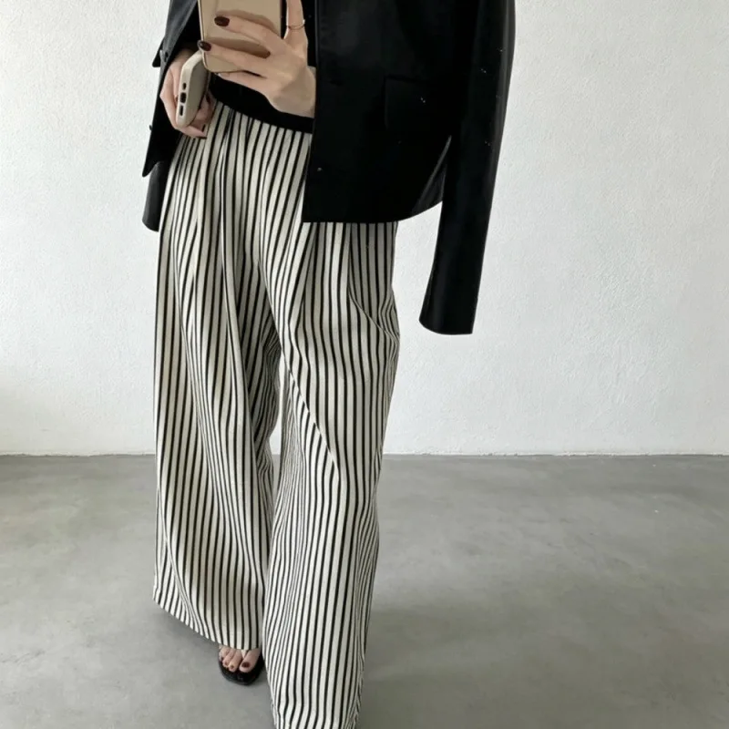 Women's Korean Dongdaemun Summer Casual Wide Leg Striped Loose Fit High Waist Slimming Effect Comfortable Elastic Waist Pants