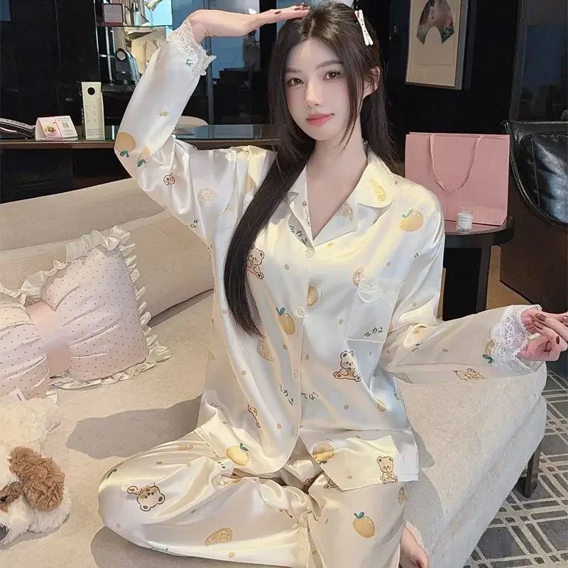 

Women's Cartoon Bear Print Spring/Autumn Pyjama Set Korean-Style Y2K Casual Loungewear Sweet Cute Comfort Two-Piece Set Homewear