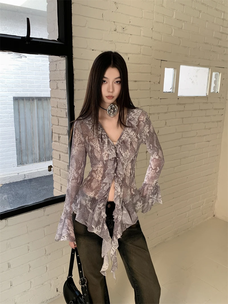 CHEERART Snake Print Chiffon Ruffles Blouse Women V Neck Flare Long Sleeve Top And Blouse Designer Fall Fashion Clothing