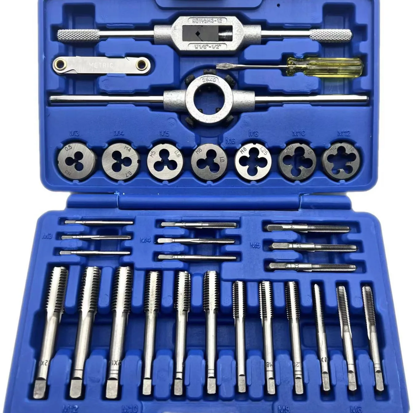 32PCS HSS Metric Tap and Die Set with Wrench Cut M3-M12 Hand Threading Tool Tungsten Carbide Screw Thread Making Kit