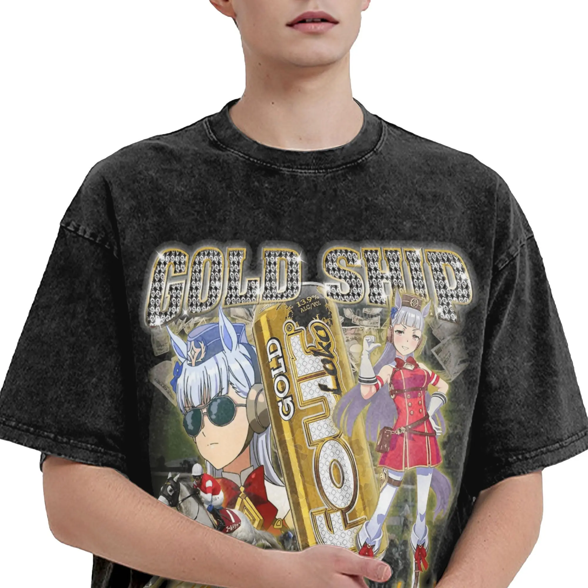 Oversized Washed T Shirt Uma Musume Cotton T Shirts Gold Money Leisure Tshirt for Men Summer Aesthetic Printed Tops