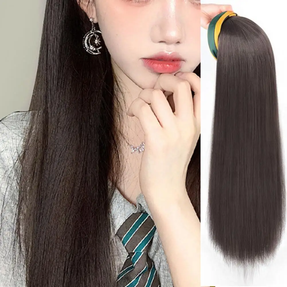 

Парик с повязкой на голову 50 см, легко носить механизм, пушистый натуральный мягкий косметический инструмент, удобная длинная воздушная челка, черный прямой парик на каждый день