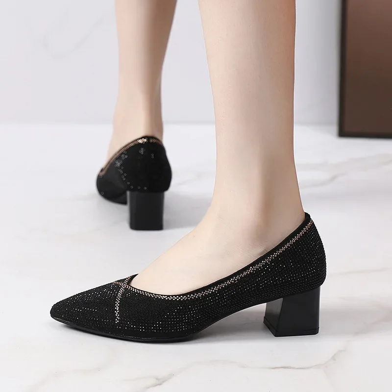 Genuine Leather Woman Shoes Pointed Toe Rhinestone Pumps Thick Heel Party Wedding Shoes Female Loafers Ladies Dress High Heels