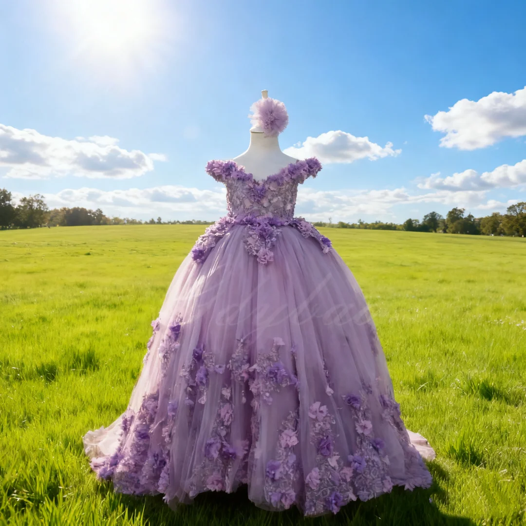 Flower Girl Dress For Wedding 3D Applique Tulle Ball Gown Princess Luxury Kids Birthday Evening Party Dress