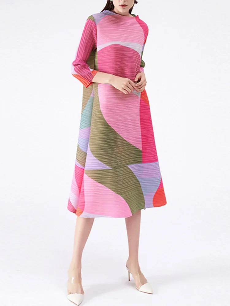 DEAT Pleated Dress Women Hit Color Geometric With Belt Sashes Over Size Long Sweet Casual New Autumn 2024 Fashion Tide 15DZ190