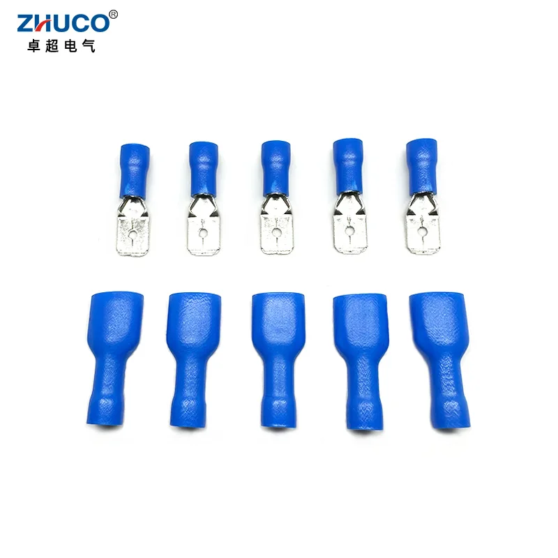 10 Pairs FDFD2-250 MDD2-250 Female Male 6.35mm Blue Insulated Wire Connector Cable Plug Faston Brass Crimp Spade Terminal