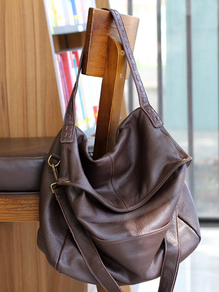 Casual Lazy Soft Cowhide Big Bag Textured Top Layer Cattlehide Leather Personality Large Capacity Shoulder Women's bag