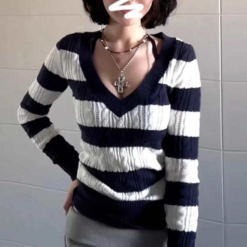 

Women Knitwear Slim V-neck Thick Pullovers Autumn Fashion Striped Sweaters Office Lady High Quality Knitted Tops