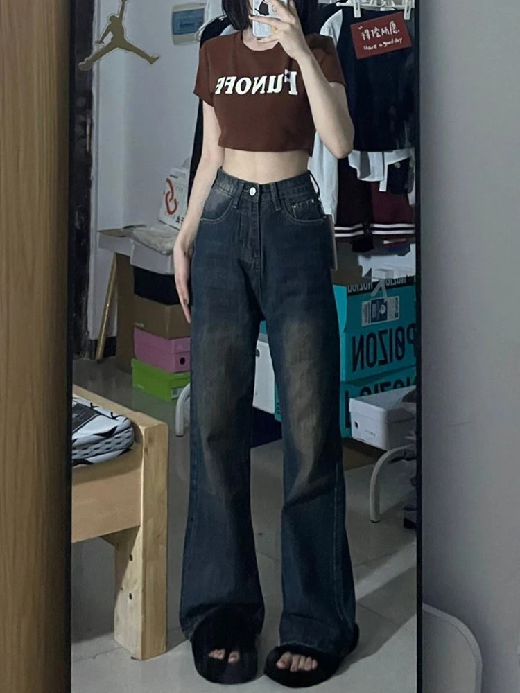 

Ретро джинсы с широкими штанинами и легким клешем, женские, весна-осень, большие размеры, с высокой талией, утягивающие, свободные, в пол