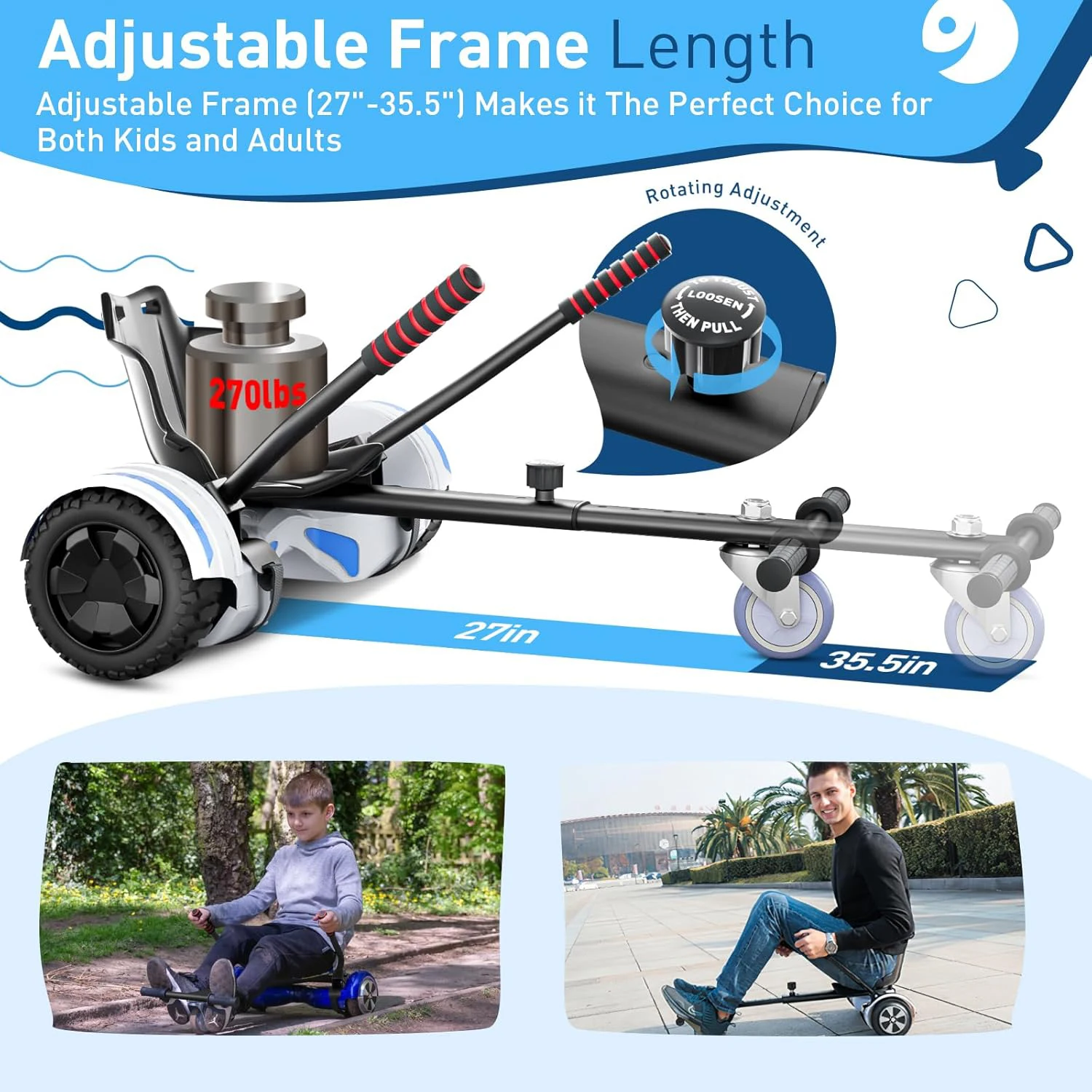 Hoverboard-Sitzbefestigung für 6,5" 8" 8,5" 10" Hoverboards, verstellbarer Rahmen, einfach zu montierendes Go-Kart für Kinder und Erwachsene