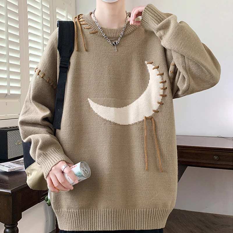 

Winter Moon Graphic Jacquard Christmas Sweaters For Man High Street Fashion Crewneck Pullovers Retro Elegant Y2K Knitwear