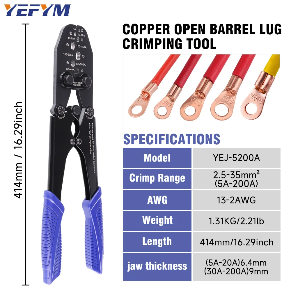 YEJ-5200A Manual Cold Crimping Pliers for 5-200A Copper Open-end Lugs (OT Cable Lugs/U-type Bare Terminal Clamps)