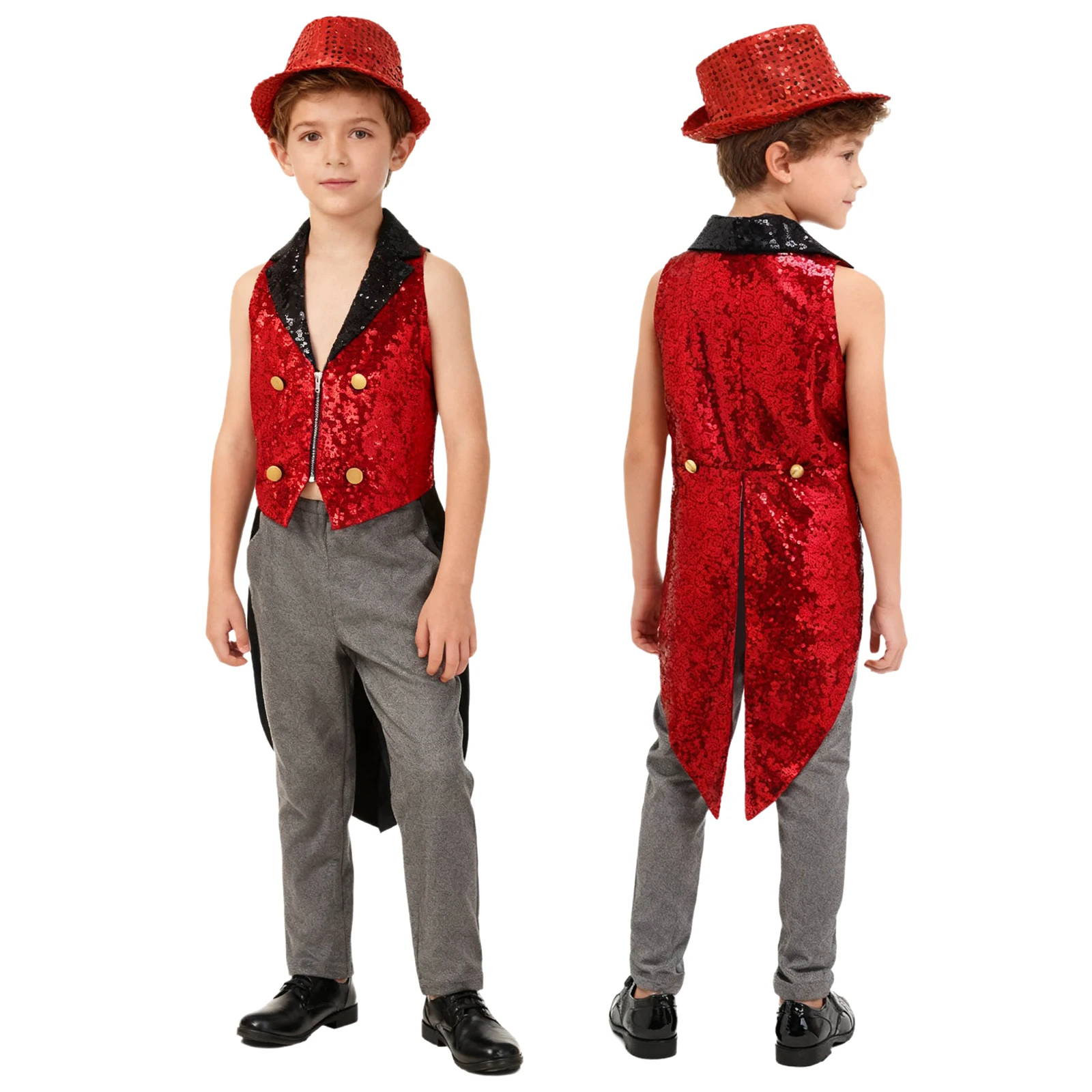 Kids Sequin Jazz Dance Tailcoat Vest Lapel V Neck Victorian Waistcoat with Fedora Hat Carnival Party Circus Magician Show Outfit
