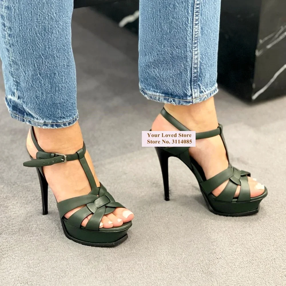 Designer Dark Green Matte Strappy Platform Sandals Women Stilettos T-Strap Hollow Out Open Toe Buckle Summer Dress Shoes Size43