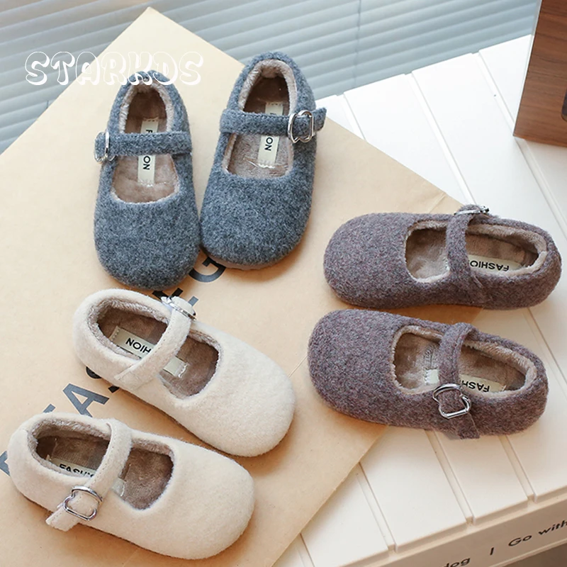 

Soft Fleece Felt Round Toe Ballet Flats Kid Girl Winter Warm Wool Mary Jane Shoes Baby Child Brand Design Elegant Plush Loafers