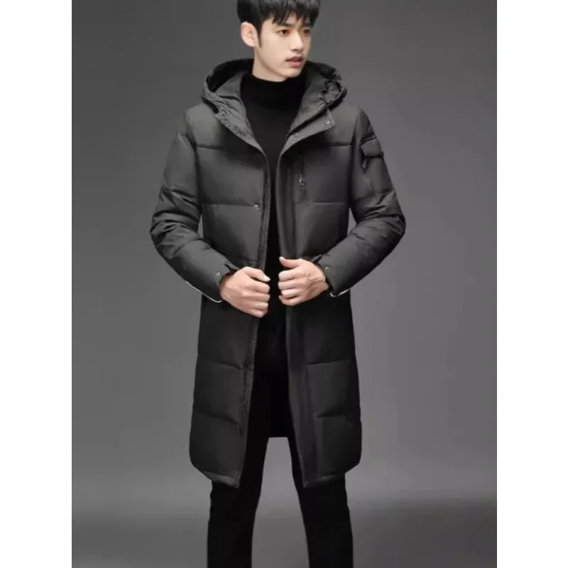 Winter men's long simple fashion down jacket high quality solid color hooded stand collar warm down jacket size 4XL