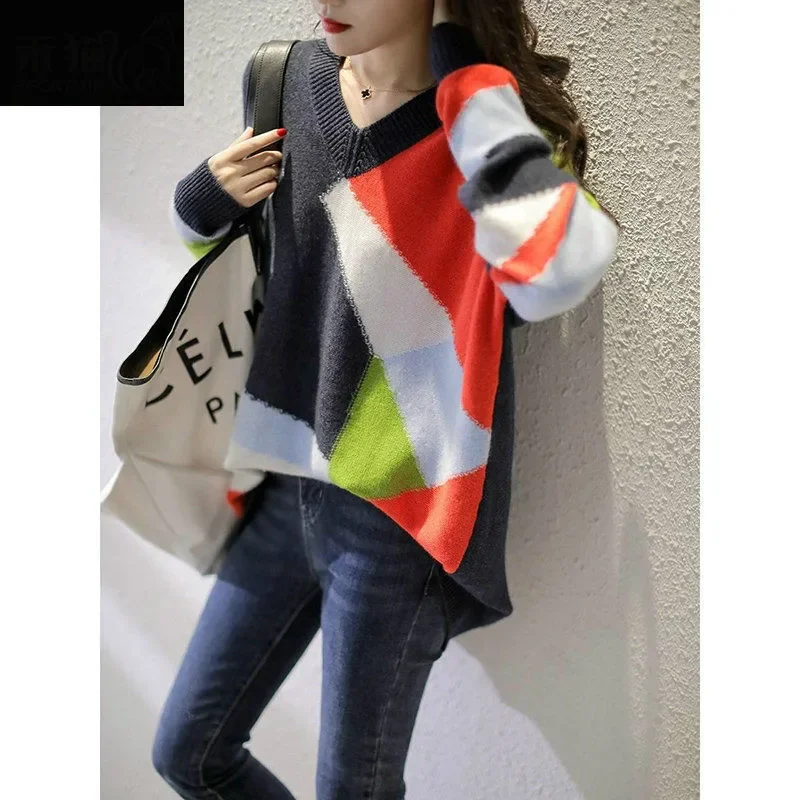 Ladies Tops 2021 Spring and Autumn New Fashion V-neck Color Loose Pullover Long Sleeve Sweater Knitwear Beautiful Purple Sweater