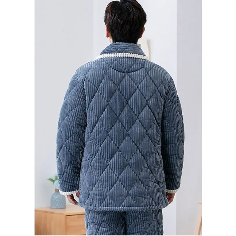 2023 New Autumn Winter Coral Velvet Men's Pajamas Three Layers of Cotton Loungewear Thickened Plushing Flannel Homewear Warm Set