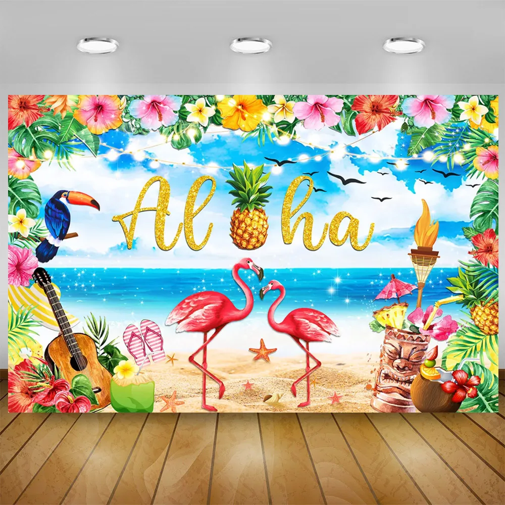 Summer Tropical Beach Hawaiian Theme Aloha Luau Seaside Flamingo Ocean Surfboard Holiday Birthday Party Background Photo studio