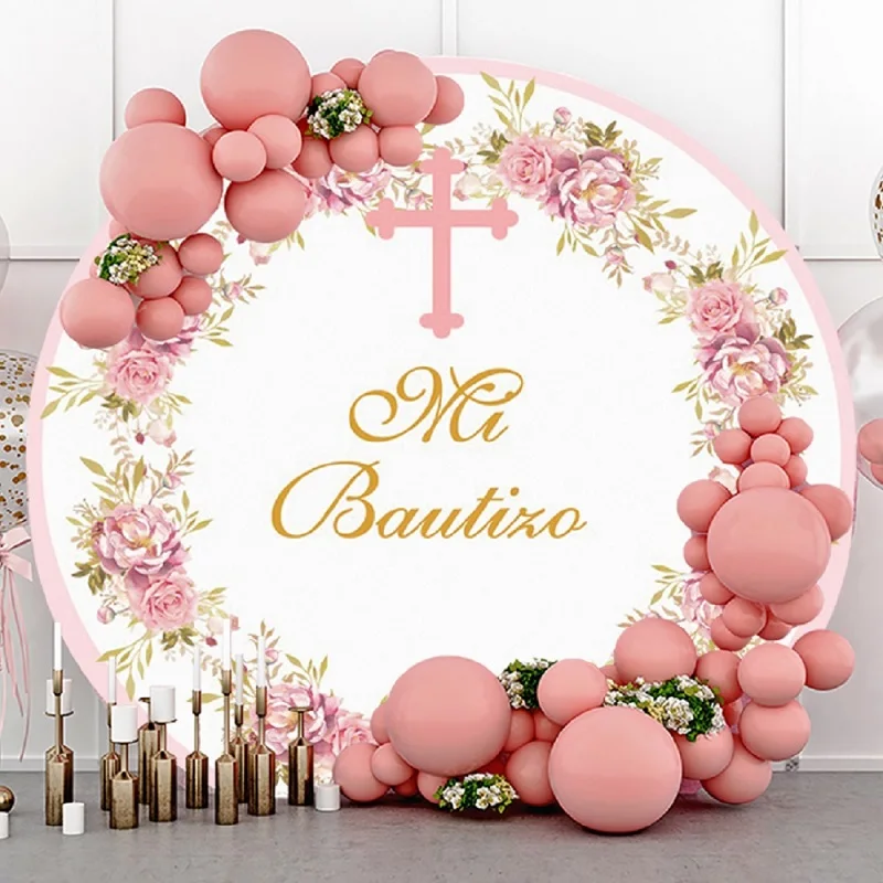 Mi Bautizo Round Backdrop Cover for Girls Christening Baby Boy Baptism Decorations Pink Flowers Cross Angel Circle Background