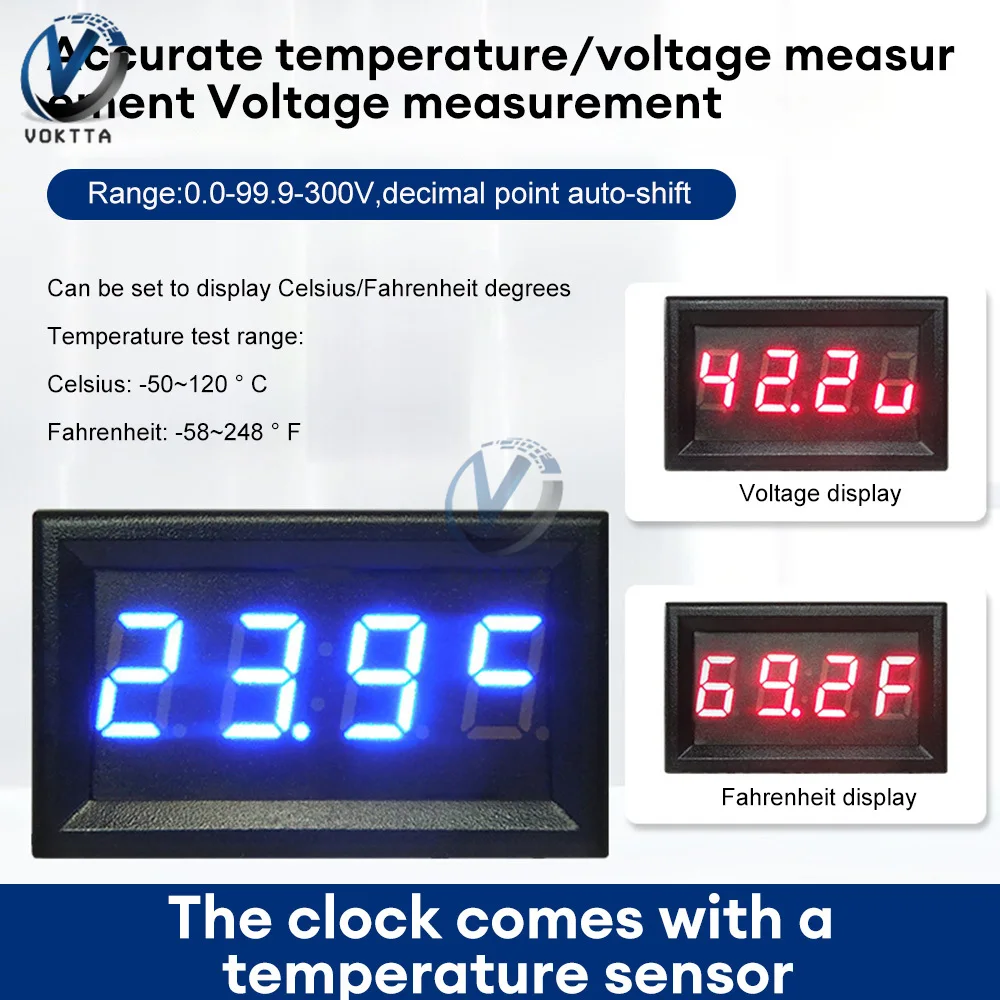 3 In 1 DC0-300V Car Digital Voltmeter Electronic Clock LED Screen Display Electric Watch Thermometer Digital Voltmeter LED Clock